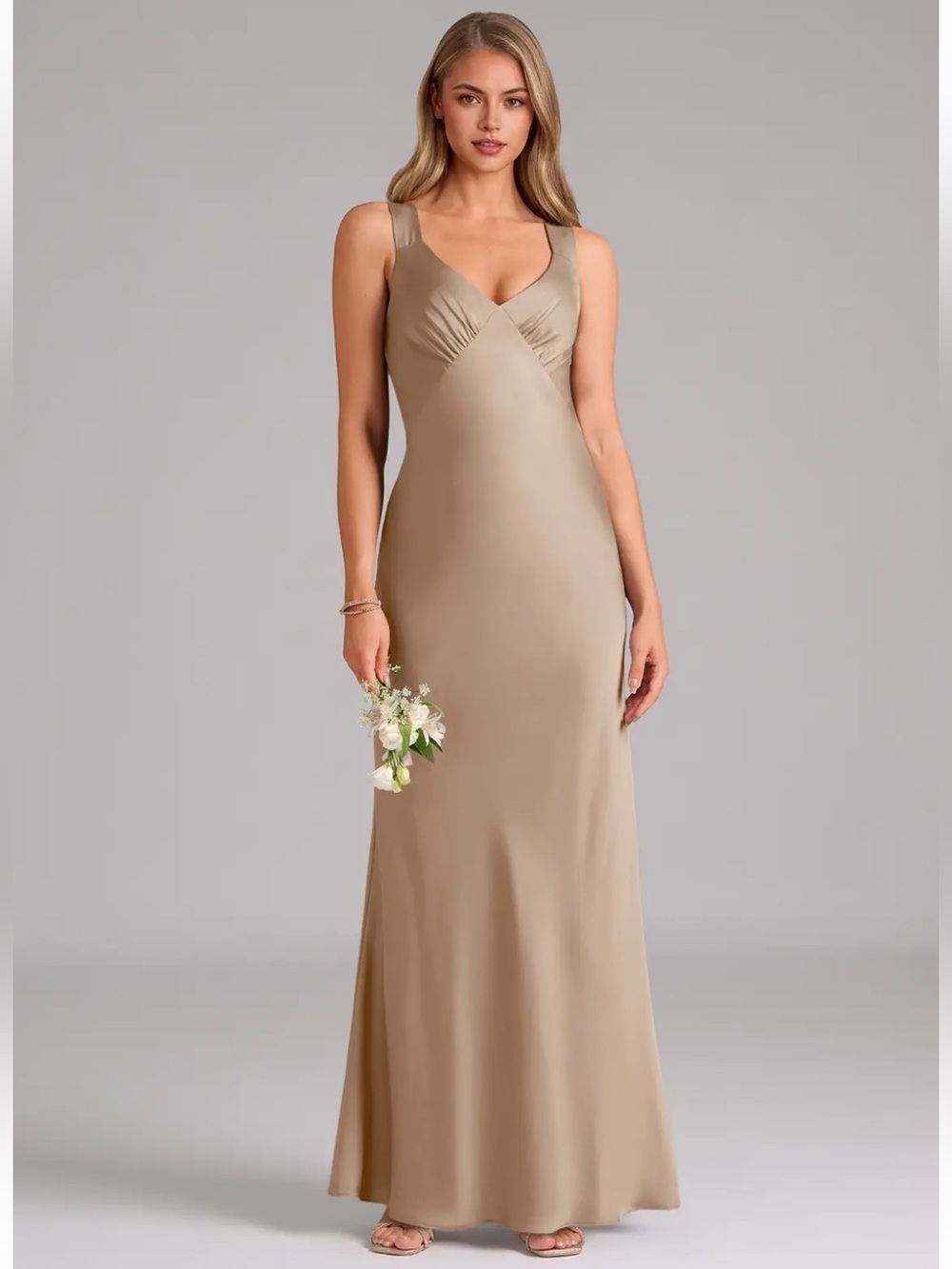 Azazie Kamila bridesmaid New A18 Satin V-Neck criss-cross back Maxi Dress Taupe